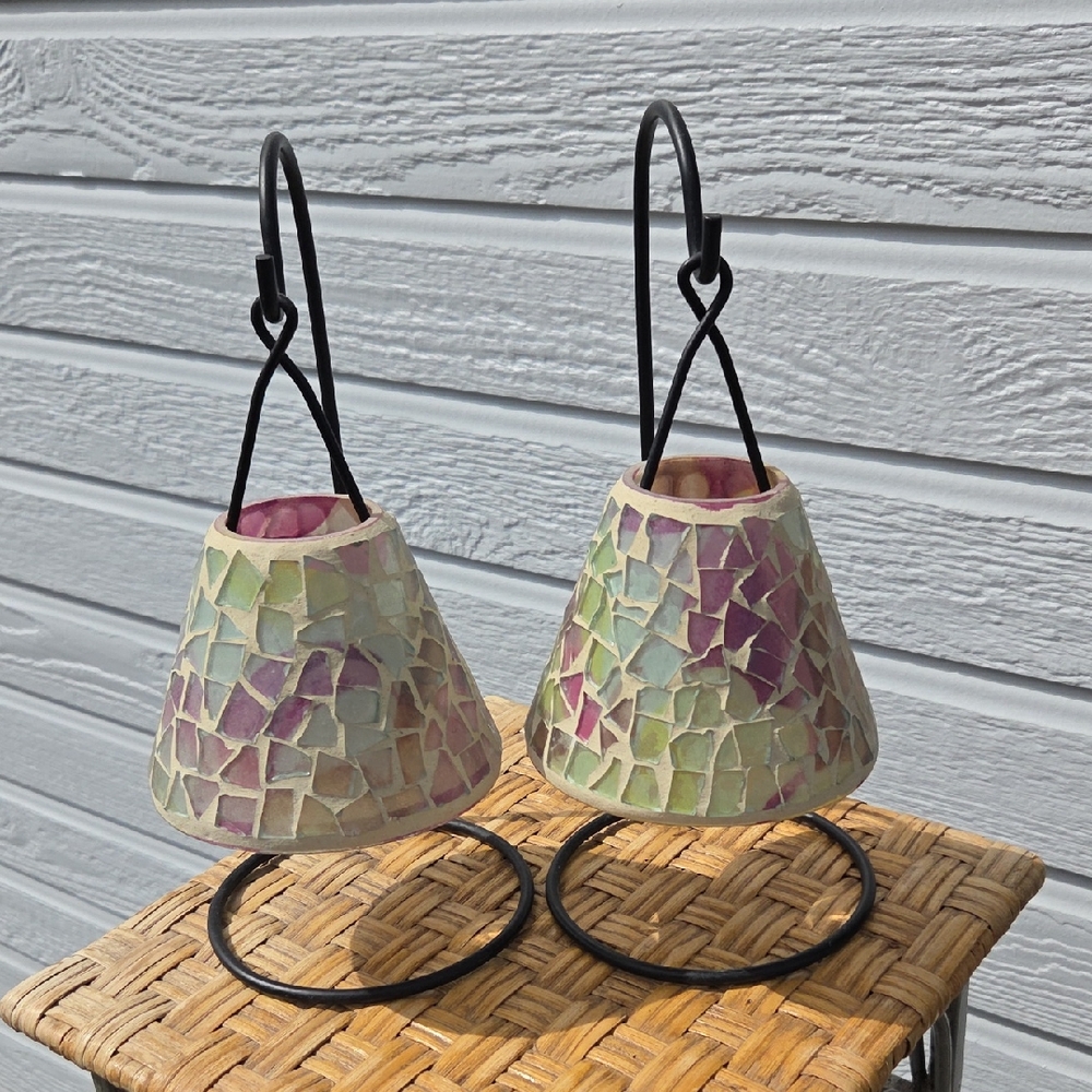 Mosaic Stained Glass Hanging Candle Holders - Multicolor - Set Of 2